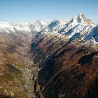 Mountain, town, and valley landscape in Ferden, Switzerland