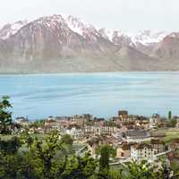 Mountains, lake Geneva, Montreux, and landscape in Switzerland