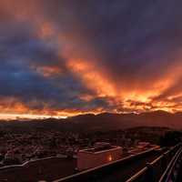 Red Sunset over the Mountains and City in Lugano, Switzerland