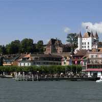 Shoreline Buildings with castle in Nyon, Switzerland