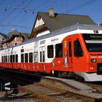 Train of the Transport de Martigny et Régions (TMR) at Orsières in Switzerland
