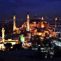 Hagia Sophia Lighted up at Night in Istanbul, Turkey