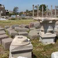 Stone seats, pillars, and table in Izmir, Turkey