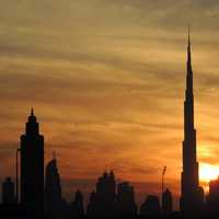 Dubai Skyline Under the Setting Sun in United Arab Emirates, UAE