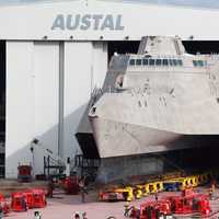 Roll-out of the USS Coronado going out on the Mobile River, Alabama