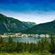 Mountain landscape and the town of Juneau in Alaska