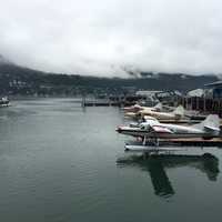 Planes in the Docks with Planes with cloudy sky in Juneau, Alaska