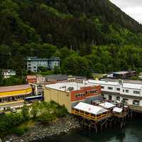 Town of Juneau and buildings under the mountain in Alaska