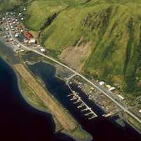 Aerial view of Old Harbor landscape in Alaska