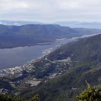 Panorama of downtown Ketchikan and surrounding terrain from the peak of Deer Mountain, Alaska