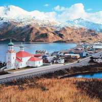 Hilltop view of Unalaska in January in Alaska