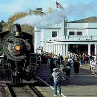 Steam locomotive and train sitting at Williams Depot in Arizona