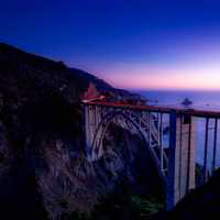 Dusk with bridge over the landscape in Big Sur, California