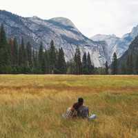 Couple looking at landscape in Yosemite National Park, California