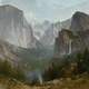 Indians at Campfire over the landscape of Yosemite National Park, California