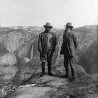 Theodore Roosevelt and John Muir on Glacier Point in Yosemite National Park, California