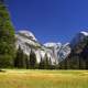 View of Yosemite National Park with fields and mountains, California