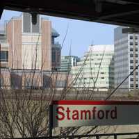 View of Downtown Stamford from under a bridge