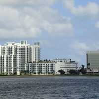 Australian Avenue skyline on Clear Lake at West Palm Beach, Florida