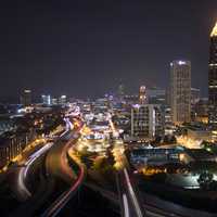 Cityscape with night lights with roads and skyscrapers in Atlanta, Georgia