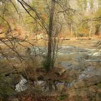 Closer look at rocks and rapids and landscape at High Falls State Park, Georgia