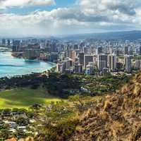 Cityscape with buildings and coastal landscape in Honolulu, Hawaii