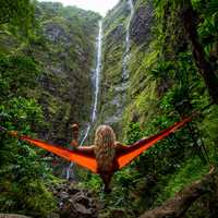 Watching the Waterfall in a Hammock in Hawaii
