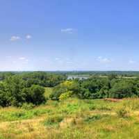 A lake and the highway at Cahokia Mounds, Illinois