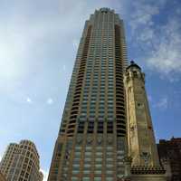 Castle building with taller building behind it in Chicago, Illinois