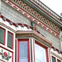 Detail of Victorian facade downtown decorations in Kendallville, Indiana
