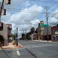 Streets, wires, and shops in Manchester, Maryland