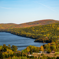 Autumn colors with Superior Bay with colorful trees