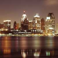 Detroit skyline with night lights in Michigan
