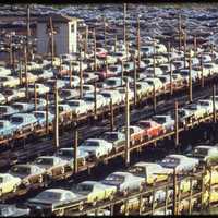 New cars built in Detroit loaded for rail transport, 1973 in Michigan