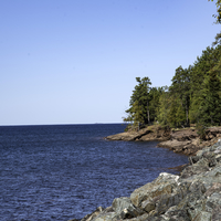 Shoreline landscape with water and trees at Presque Isle