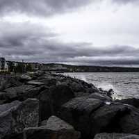 Rocky Shoreline with stormy waters in Duluth, Minnesota