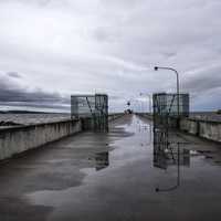 Walk to the Light House in Duluth, Minnesota under cloudy skies