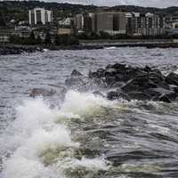 Waves crashing over Rocks in Lake Superior in Duluth, Minnesota