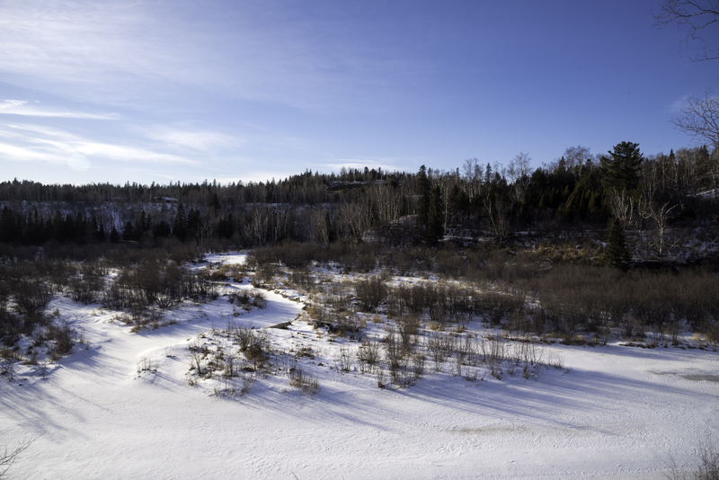Snowy landscape on the Gooseberry River at Gooseberry Falls State Park ...