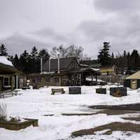 Shops, and buildings in the snowy winter in Grand Marais, Minnesota