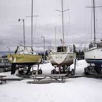 Three Boats at the Marina in the winter in Grand Marais, Minnesota