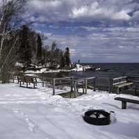 Fence and Picnic Tables along Lake Superior at Temperance River State Park, Minnesota