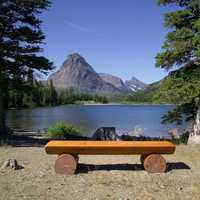 Bench viewing the wilderness landscape at Glacier National Park, Montana
