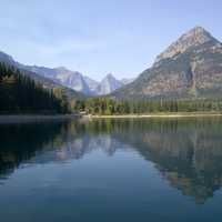 Scenic landscape with mountains and lake at Goat Haunt Station in Glacier National Park