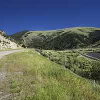 Hills, road, landscape, and river in Montana