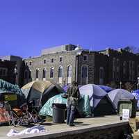 Cameron Indoor Stadium with student tents at Duke University, North Carolina