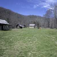 Log Cabin on grass lawn at Great Smoky Mountains National Park, North Carolina