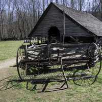 Log House with cart in front at Great Smoky Mountains National Park, North Carolina