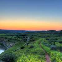 Dusk over hills and grassland at Theodore Roosevelt National Park, North Dakota