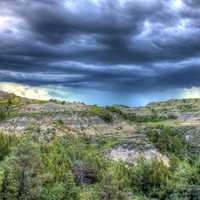 Raining over the landscape at Theodore Roosevelt National Park, North Dakota